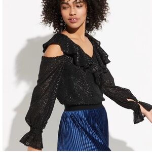 Black K/lab Ruffled Cold-Shoulder Blouse Ruffled Cold Shoulder Shimmer Sweater